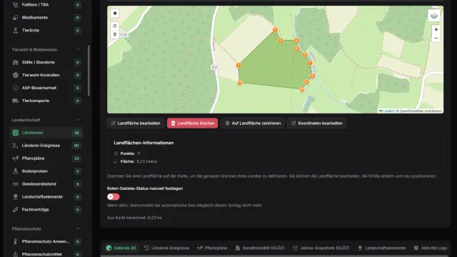 Kartenansicht mit dargestellter Länderei-Fläche.
